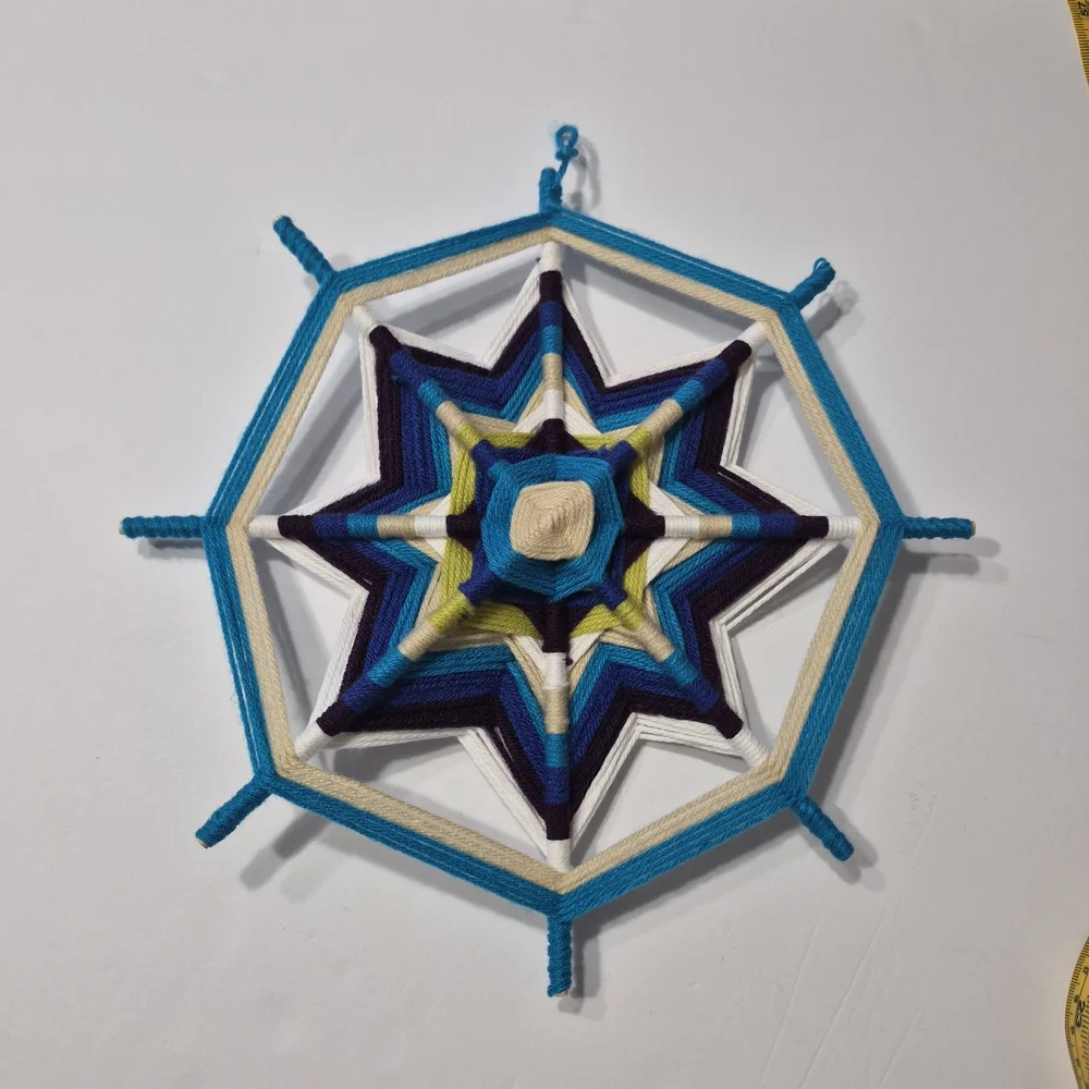 ​Handmade 8-Point Ojo de Dios Mandala - Navy & Royal Blue Yarn Wall Art 11